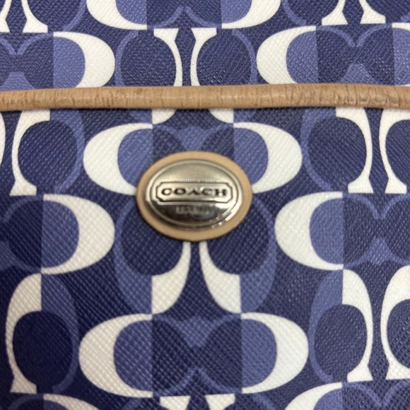 Coach Shoulder Bag Blue White C Logo Beige Leather Handles Trim 3-Compartment - Picture 2 of 16